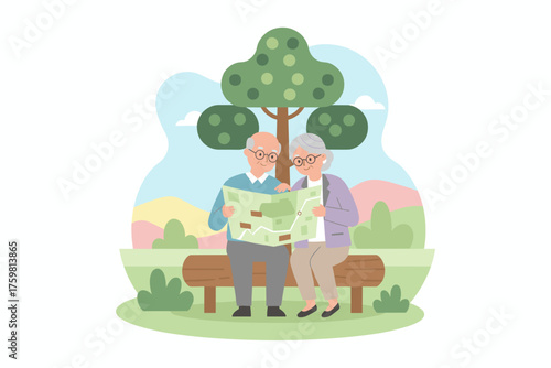 Happy senior couple exploring a map in a park planning travel or adventure symbolizing active retirement