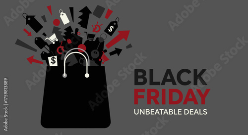 Black Friday deals bursting from a shopping bag Seasonal sale event graphic background
