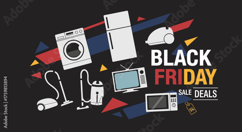Black Friday Sale Deals banner with icons of major household appliances and electronics on a dark background
