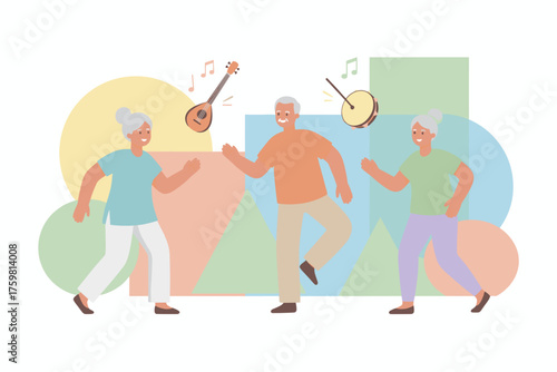 Joyful seniors dancing and playing music celebrating an active happy retirement lifestyle