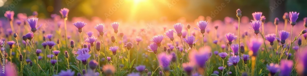 Fototapeta premium Vast expanse of vibrant purple wildflowers swaying gently in a summer breeze, bathed in golden sunlight A breathtaking scene of natural beauty and tranquility , background, serene