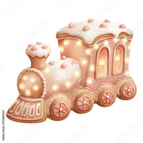 Gingerbread train decorated with icing and lights in a festive winter setting