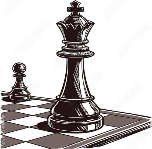 Chessboard Game King and Pawn Pieces Illustration in Black and White