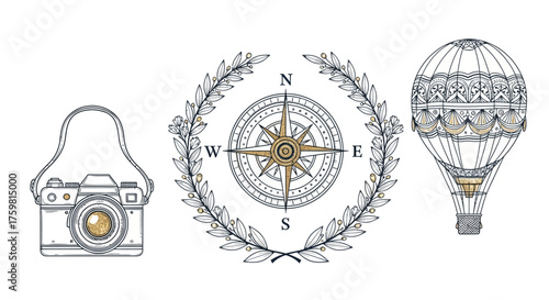 Vintage travel design elements celebrate adventure and exploration with a hot air balloon, compass, and retro camera for wanderlust inspiration