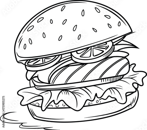 Delicious Black and White Line Art Illustration of a Mouthwatering Hamburger