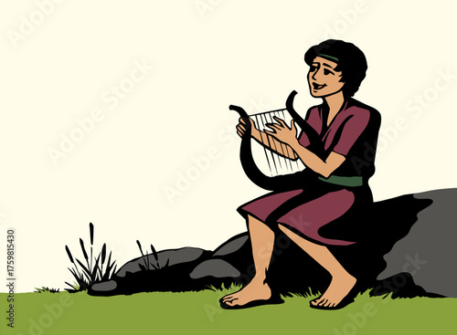 Vector drawing. Guy playing the harp