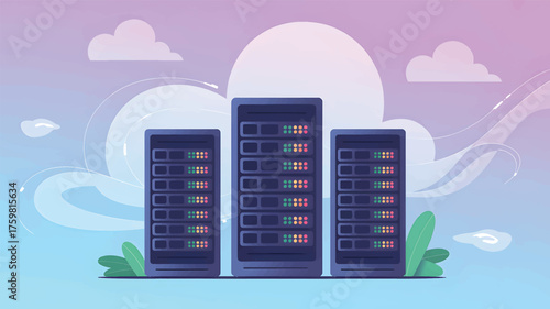 Three dark blue server racks with colorful indicator lights