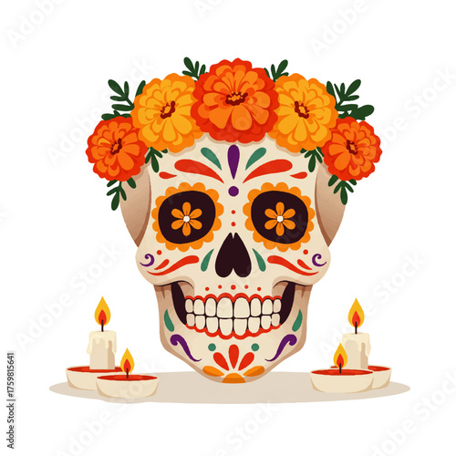 Traditional Mexican Sugar Skull with Marigolds and Candles.