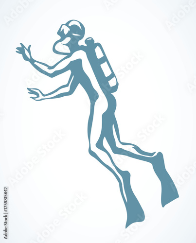 Scuba diver underwater. Vector drawing