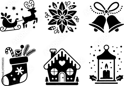 Christmas and Winter Holiday Icons Set in Black and White Style