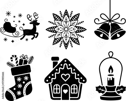 Christmas and Winter Holiday Icons Set in Black and White Style