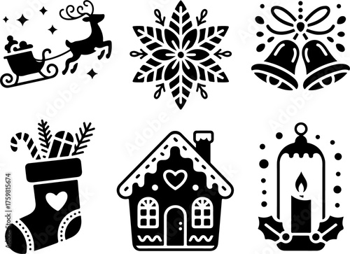 Christmas and Winter Holiday Icons Set in Black and White Style