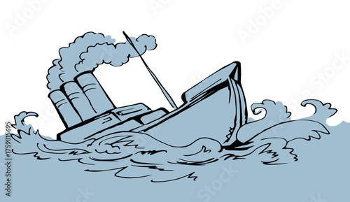 Shipwreck in the waves. Vector drawing
