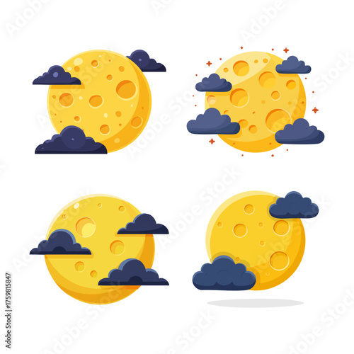 Four cartoon illustrations of a full yellow moon partially covered by dark clouds, with some stars.