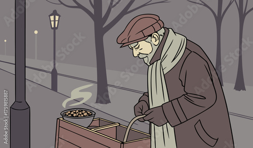"Old man selling roasted peanuts from a street on hand cart filled with hot sand pan under the winter evening sky, wearing woolen cap and shawl, steam rising in cold air, dim street lights and foggy b
