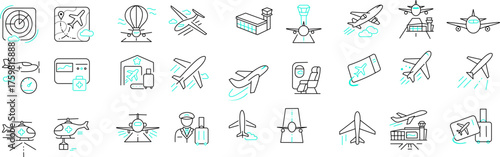 Aircraft and Airport Stroke Icon Collection - Airplane, Pilot, Travel, Flight, and Aviation Line Icons.