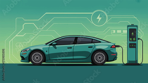 Teal electric car charging at a station with circuit board background