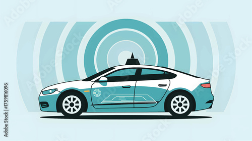Teal and white sedan with lidar sensor and graphic