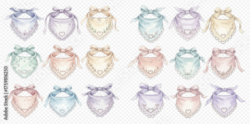 Pastel watercolor baby bibs with bows and heart lace details, a collection of cute and delicate infant accessories.
