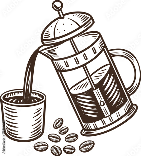 Coffee Press Pouring Coffee Into A Cup, Beans, Brew, Beverage, Drink, Cafe