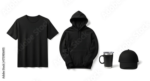 Plain black t-shirt, hooded sweatshirt, travel mug, and baseball cap mockup.