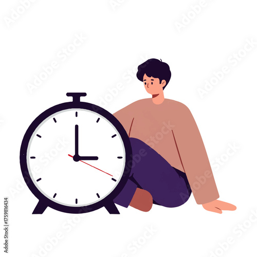 Young Man Pondering Time Next to Large Alarm Clock.