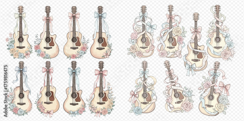 Collection of charming watercolor acoustic guitars adorned with delicate pastel bows and intricate floral arrangements, perfect for elegant and whimsical designs.