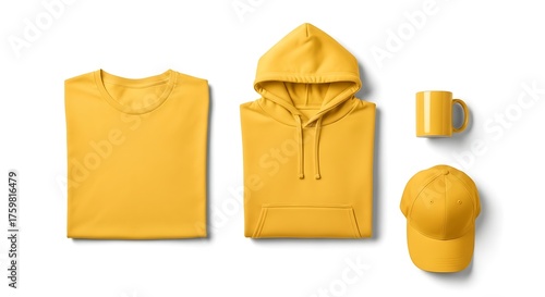 Elevated yellow apparel and accessory mockup features a t-shirt, hoodie, mug, and hat.