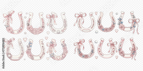 Collection of delicate pink and white horseshoe designs adorned with bows, flowers, pearls, and hearts, perfect for romantic or lucky themes.