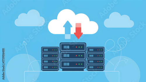Server racks with cloud data transfer arrows upload