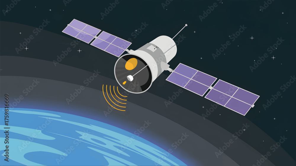 Fototapeta premium Satellite transmitting signals over blue Earth in dark space