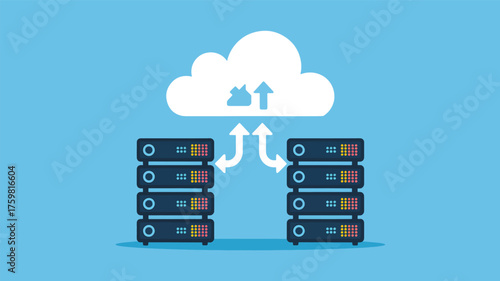 Server racks upload data to cloud with arrows data center