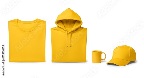 A vibrant yellow matching apparel mockup showcases a folded tee, hoodie, mug and cap.