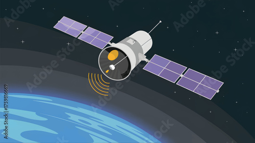 Satellite transmitting signals over blue Earth in dark space