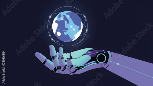 Robotic hand cradles glowing digital earth with network connections