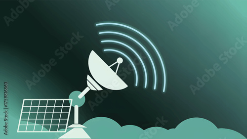 Satellite dish and solar panel emitting signal waves
