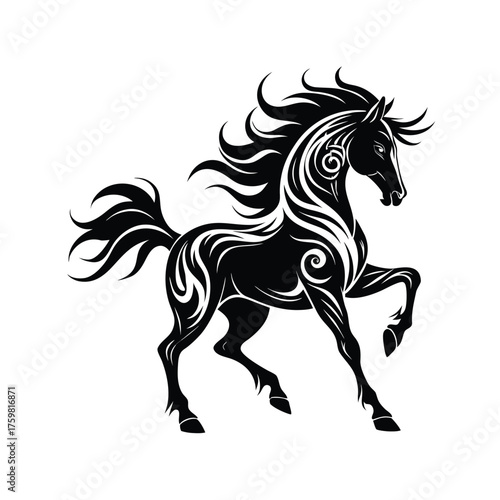 Black vector silhouette illustration of a running wild mustang stallion with a flowing mane