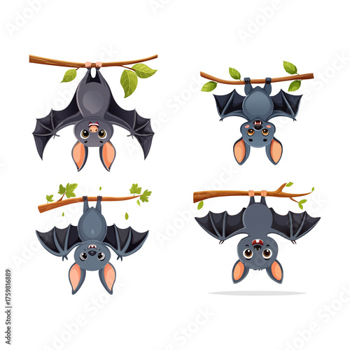 Four cute cartoon bats hanging upside down from tree branches with green leaves, isolated on a white background.