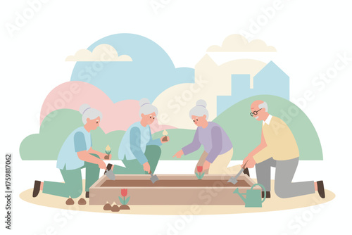 Seniors happily planting flowers in a raised garden bed enjoying a healthy active hobby outdoors