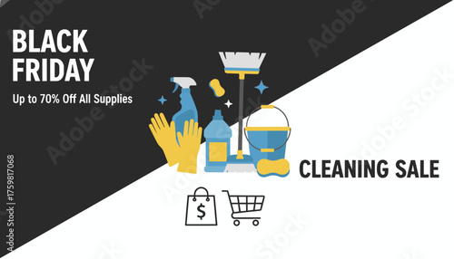 Black Friday Cleaning Sale banner with household cleaning supplies and shopping icons