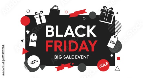 Black Friday Big Sale Event banner design with geometric shapes gift box and price tags