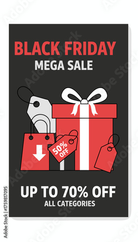 Black Friday Mega Sale graphic with gift box shopping bags and price tags for retail promotions