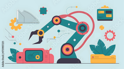 Teal robotic arm with pink gripper and industrial elements