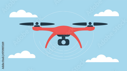 Red drone with camera flying in blue sky with clouds