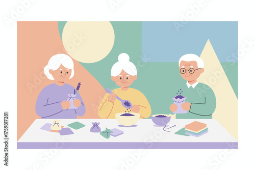 Elderly people making aromatic sachets enjoying a relaxing crafting hobby together
