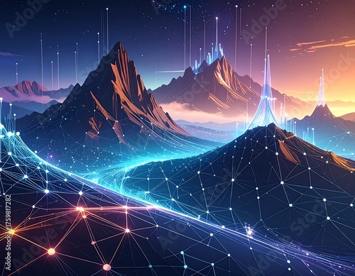 Digital network illustration with mountains, glowing lines, and night sky