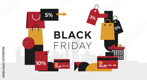 Black Friday sale illustration with shopping bags credit cards and discount tags