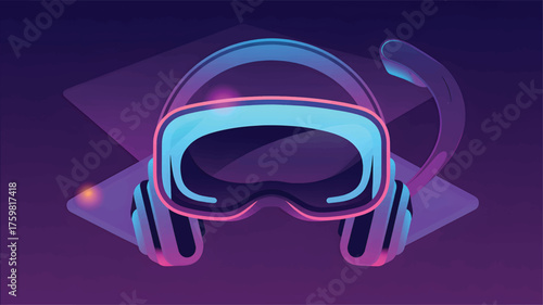 Neon V R headset with headphones on purple background