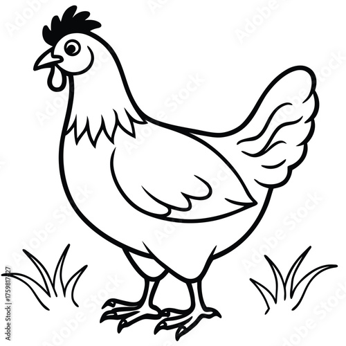 Chicken Coloring Page – Farm Animal Line Drawing, Hen Outline Art for Kids, Printable Chicken Illustration, Simple Farm Bird Sketch