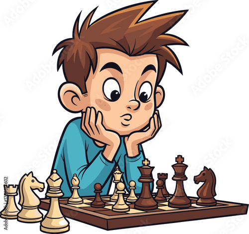 Cartoon boy thinking while playing chess, focused kid concentrating on chessboard strategy game, smart child learning and planning clever moves, vector illustration design